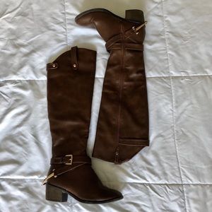 Brown, Faux Leather Knee High Boots with Spurs.